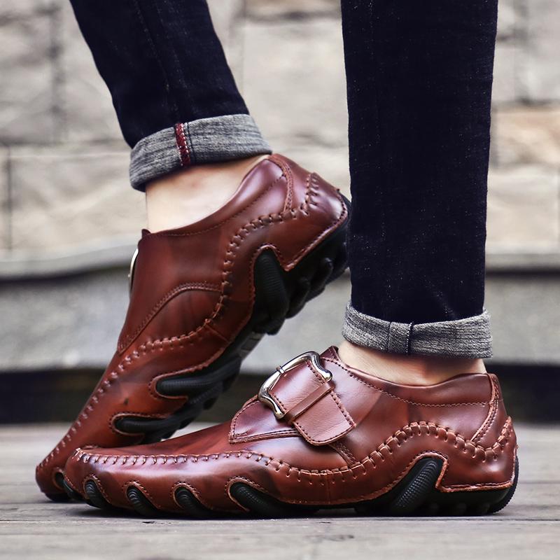 Fashion Fashion Metal Buckle Genuine Leather Loafers Men Brand Luxury Shoes Brown Moccasin Mens Flat Non-Slip Driving Shoes Slip-On Shoe