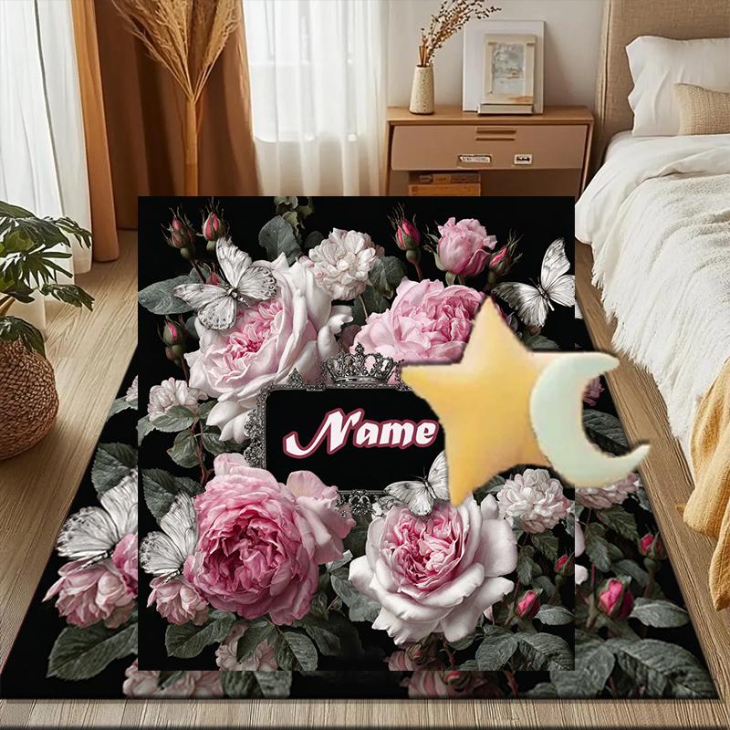 1PC Custom Name Floral Name Frame Theme Floor Mat Ideal for Living Room, Game Rooms, Office, Bedroom Floor Mat Playful Design