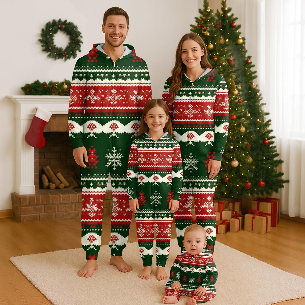 Christmas Print Family Matching Hooded Long Sleeved Zippered Jumpsuit Set