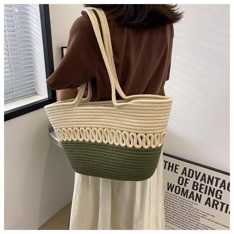 Retro Style Women's Color Block Large Cotton Rope Woven Beach Bag