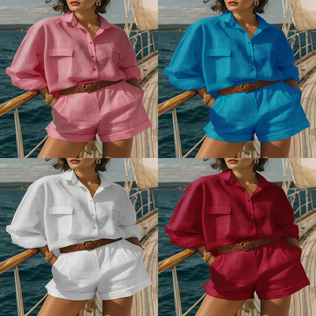 Set Casual da Donna in Cotone e Lino a Maniche Corte con Pantaloncini per Estate e Primavera