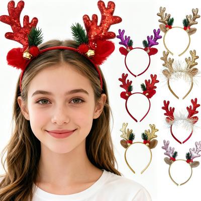 Christmas Antler Headband with Bells & Glitter - Festive Hair Accessories for Adults & Kids