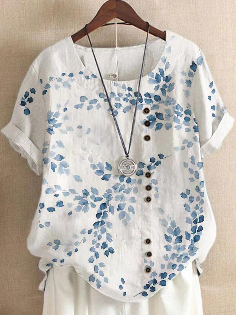 Plus Size Summer Female Cotton Linen Shirts Short Sleeve Vintage Floral Printed Long Loose Women's Blouses Casual Lady Tops