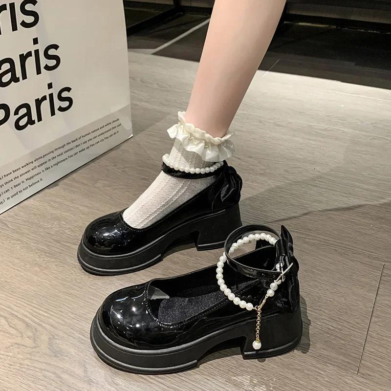 Mode Frühling/Sommer High Heels Schuhe Lolita Röcke Schleife Perlenschnallen Mary Jane Damenschuhe Bankett Casual für Frauen 2025