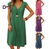 Women's Summer Cotton Linen Midi Dress V-Neck Short Sleeve Dress with Pockets Casual Beach A-Line Sundress