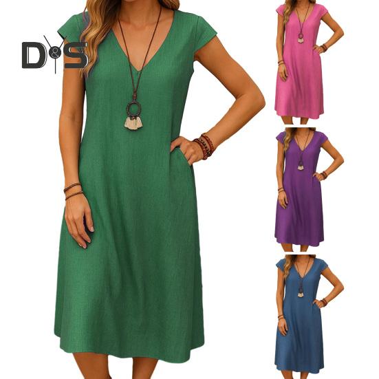 Women's Summer Cotton Linen Midi Dress V-Neck Short Sleeve Dress with Pockets Casual Beach A-Line Sundress