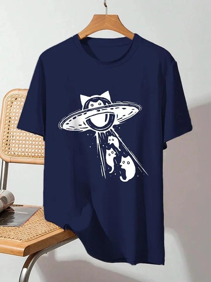 Cat UFO Abduction Funny Space Graphic T-Shirt M