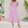 Women Plus Size V Neck Long Sleeve Blue Printed A Line Midi Dress With Pockets