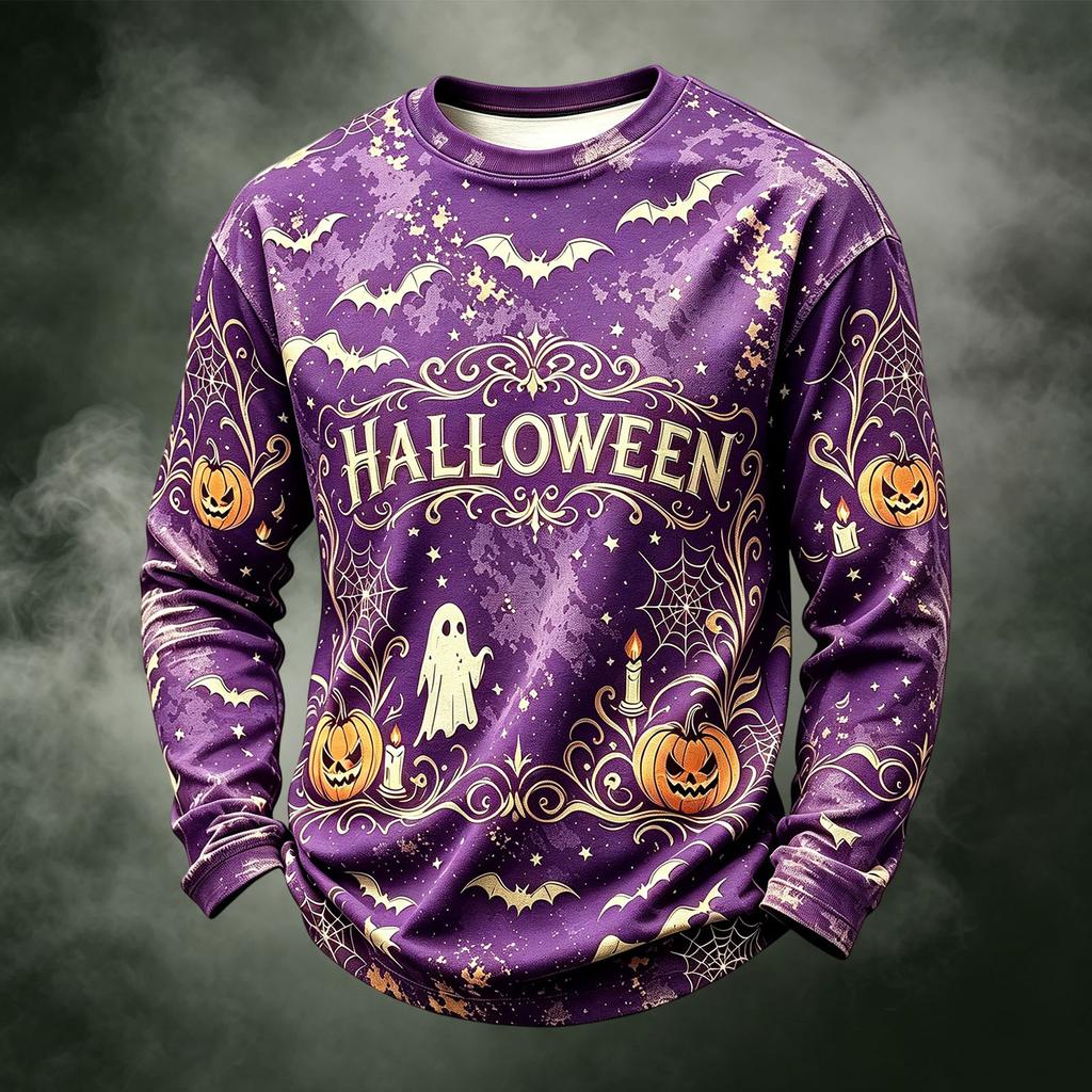 Men's Casual Knit Neck Long Sleeve Top with Halloween Print