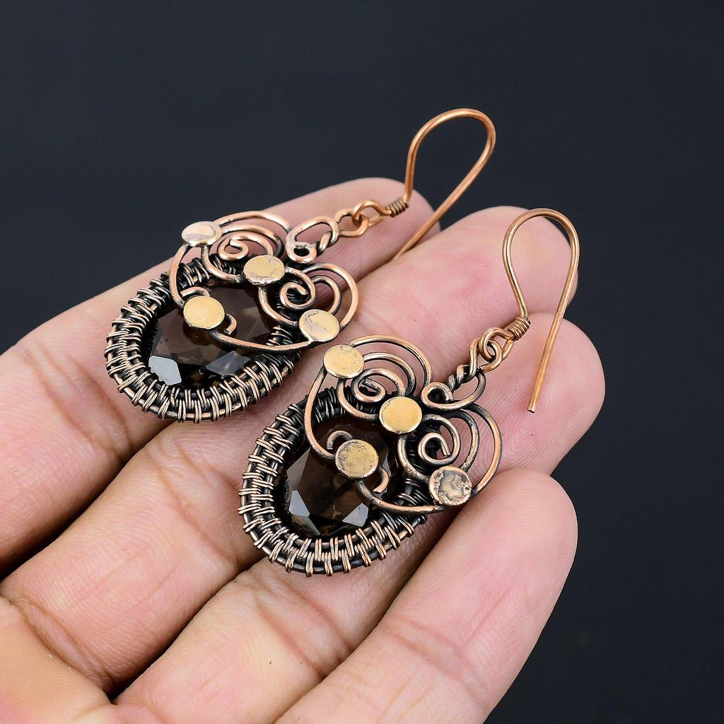 Beautiful Smoky Topaz Gemstone Handmade Pure Copper Wire Wrapped Earring Jewelry