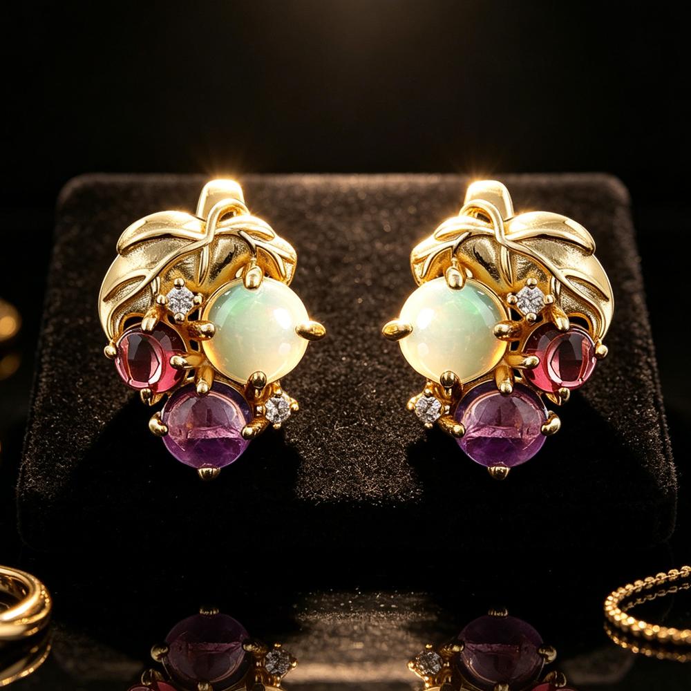 Women's Grape-Shaped Earrings with Natural Opal Amethyst Garnet Gemstones 925 Sterling Silver Fine Jewelry