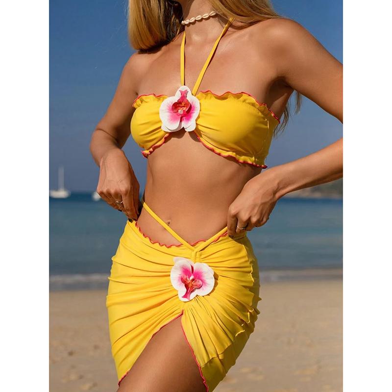 New Sexy Ruffle Frilled Three Pieces Bikini Sets Swimsuit For Women Flowers Swimwear Female Halter Push Up Bathing Suit