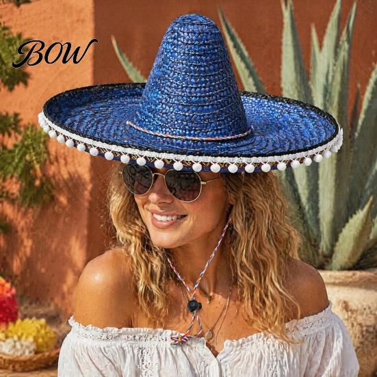 Theme Party Hat Mexican Sombrero with Colorful Poms, Hawaiian Style Woven Straw Sun Hat, Wide Brim Lightweight Costume for Summer Beach