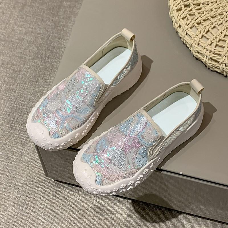 CRLAYDK Women's Sequin Loafers Printed Driving Moccasins Casual Slip On Comfortable Ladies Lightweight Walking Flat Shoes