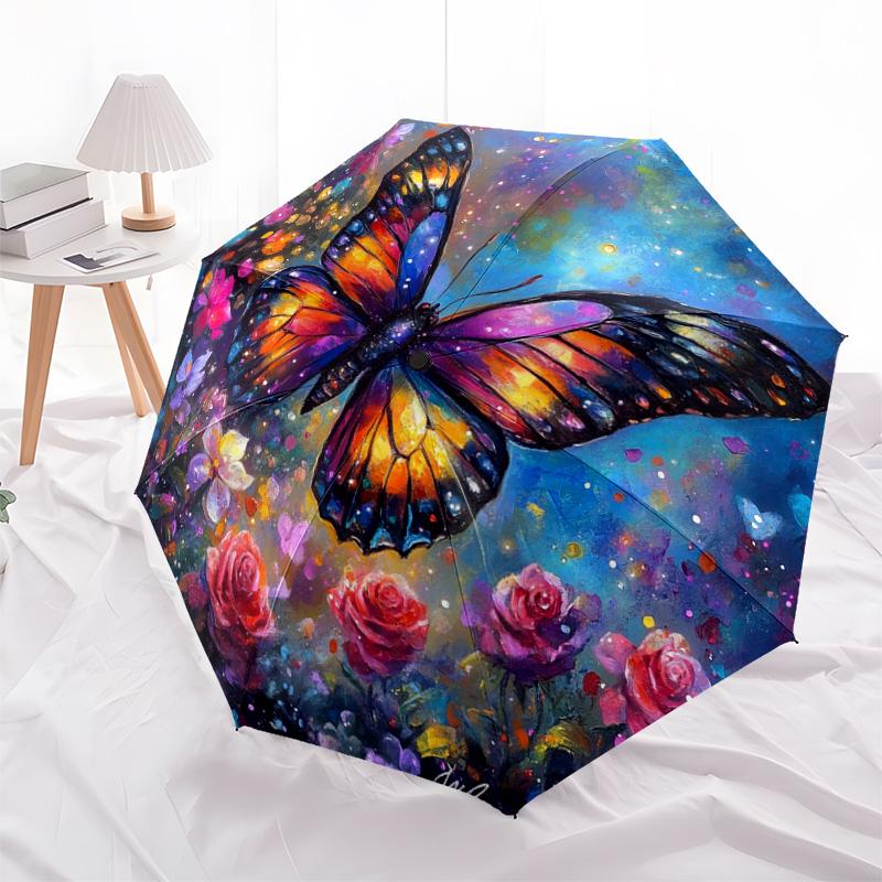1 PC Automatic Folding Umbrella - Butterfly Garden Pattern, Portable & Foldable Design with 8 Ribs, Christmas Birthday Gifts