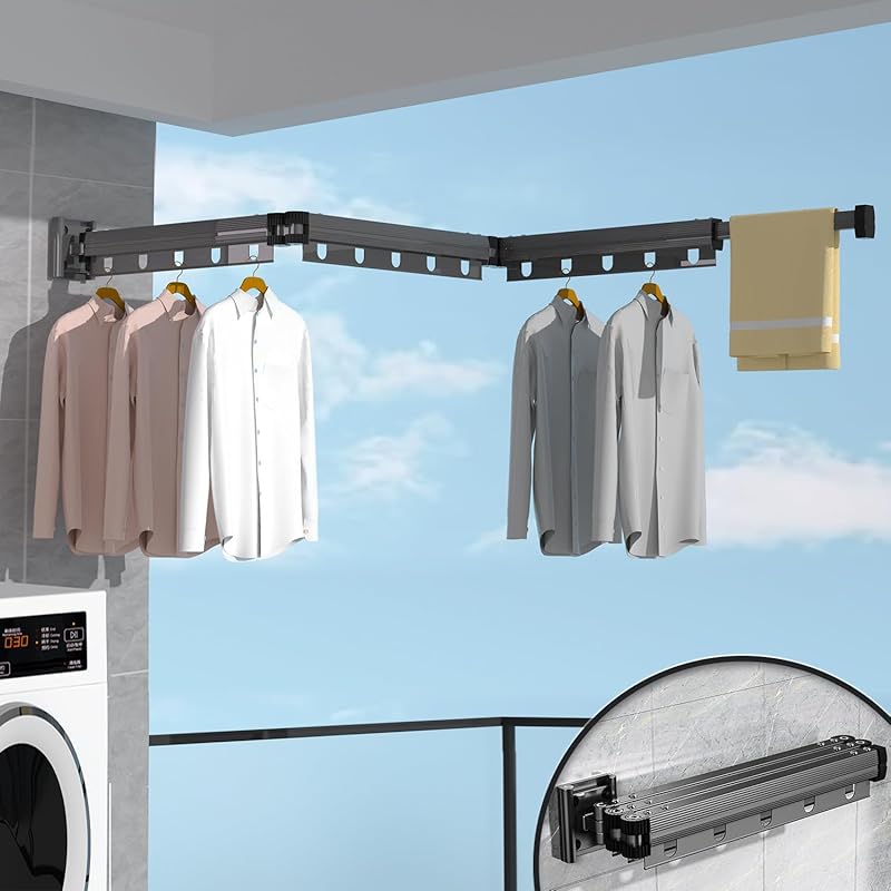 Wall Mounted Space Saving 360° Folding Clothes Drying Rack, Retractable Collapsible Windproof Hanging Hole Laundry Rack, Suitable for Balcony,