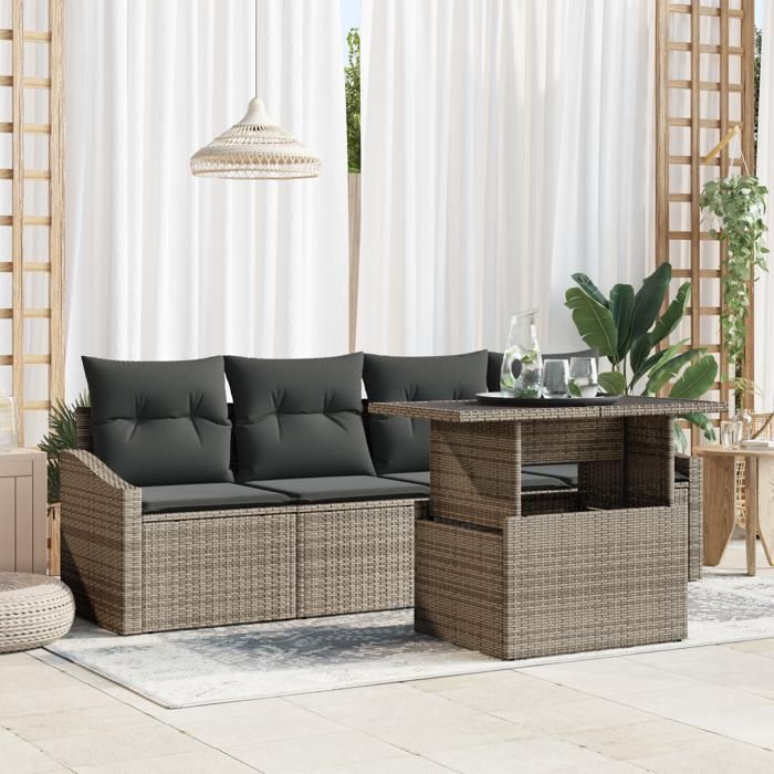 VidaXL Ensemble de Canapé de Jardin 5 Pièces avec Coussins Gris Poly Rotin 3357642