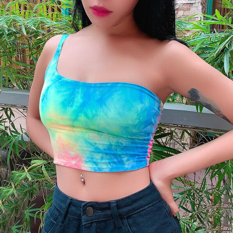 Chic Fashion Tie Dye Print One Shoulder Sexy Short Tank Tops Summer Female Sleeveless Festival Crop Tops Vest Short Streetwear