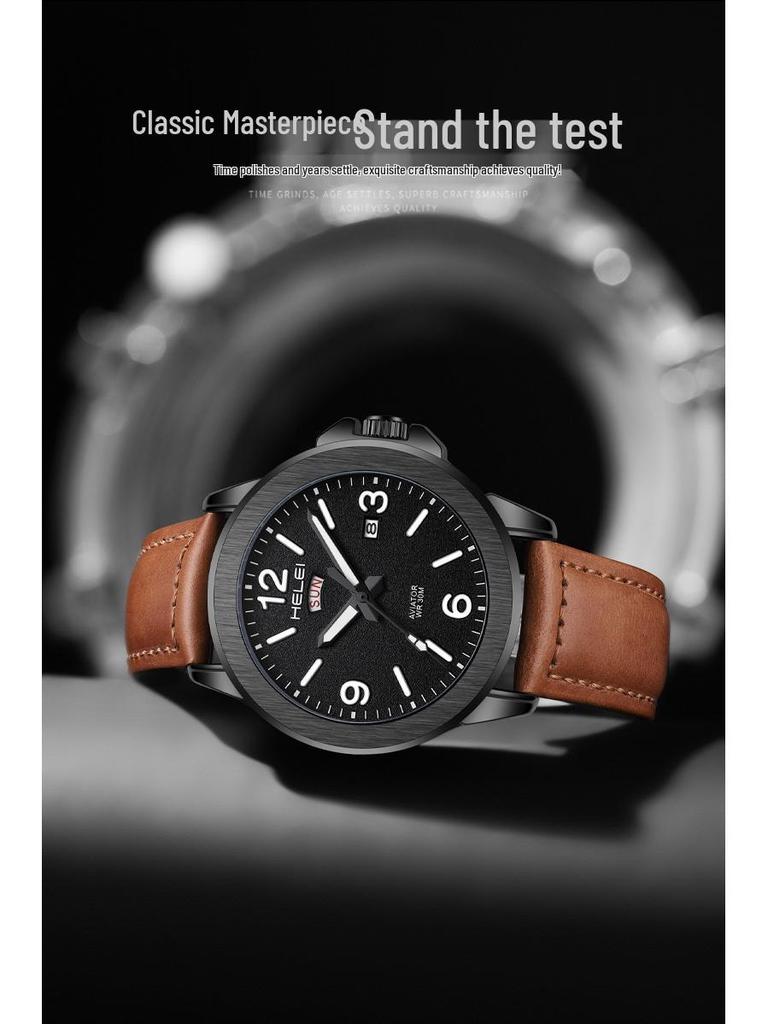 Hot-Selling Men's Fashion Quartz Watch: Waterproof, Luminous, Genuine Leather Strap