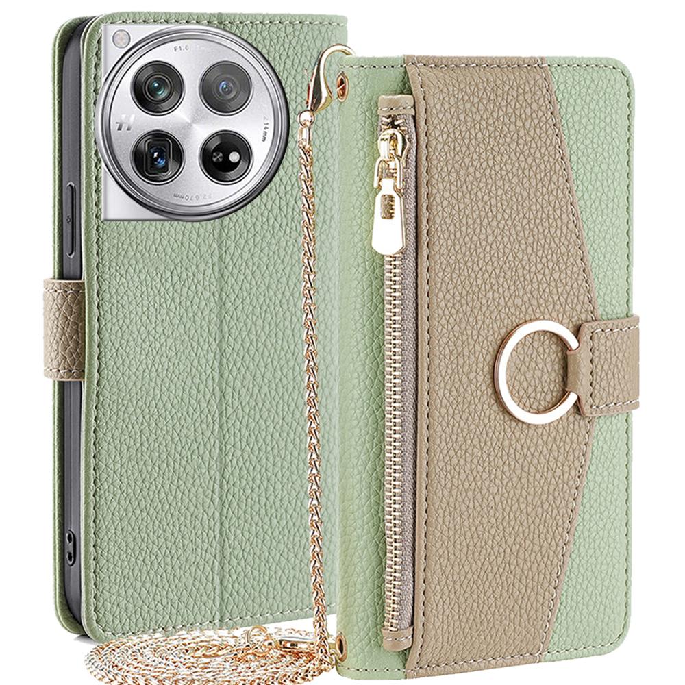 

For OnePlus 12 5G Case PU Leather+TPU Zipper Pockets Phone Cover with Mirror and Card Slots Green