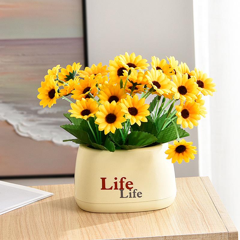 Living Room Decor: Artificial Sunflower and Green Plant Arrangements, Small Potted Plants, and Plastic Bouquets
