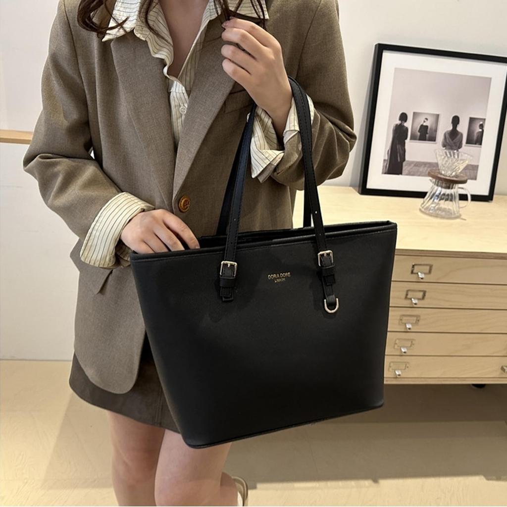 HurBer Tote Formal Business PU A4 Job Large Simple Design Women's Bag, Bag, Bag, Leather, Size, Hunting, Capacity, School, Commuting, (Black)