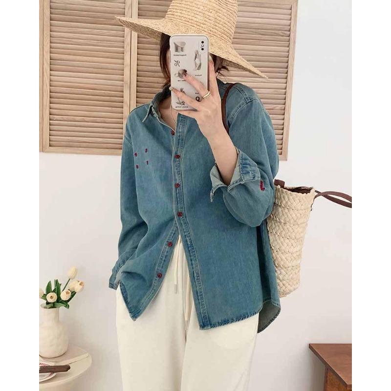 

Джинсовая рубашка с вышивкой и лацканами, женская тонкая рубашка в стиле Гонконга в стиле ретро XXL светло-синий