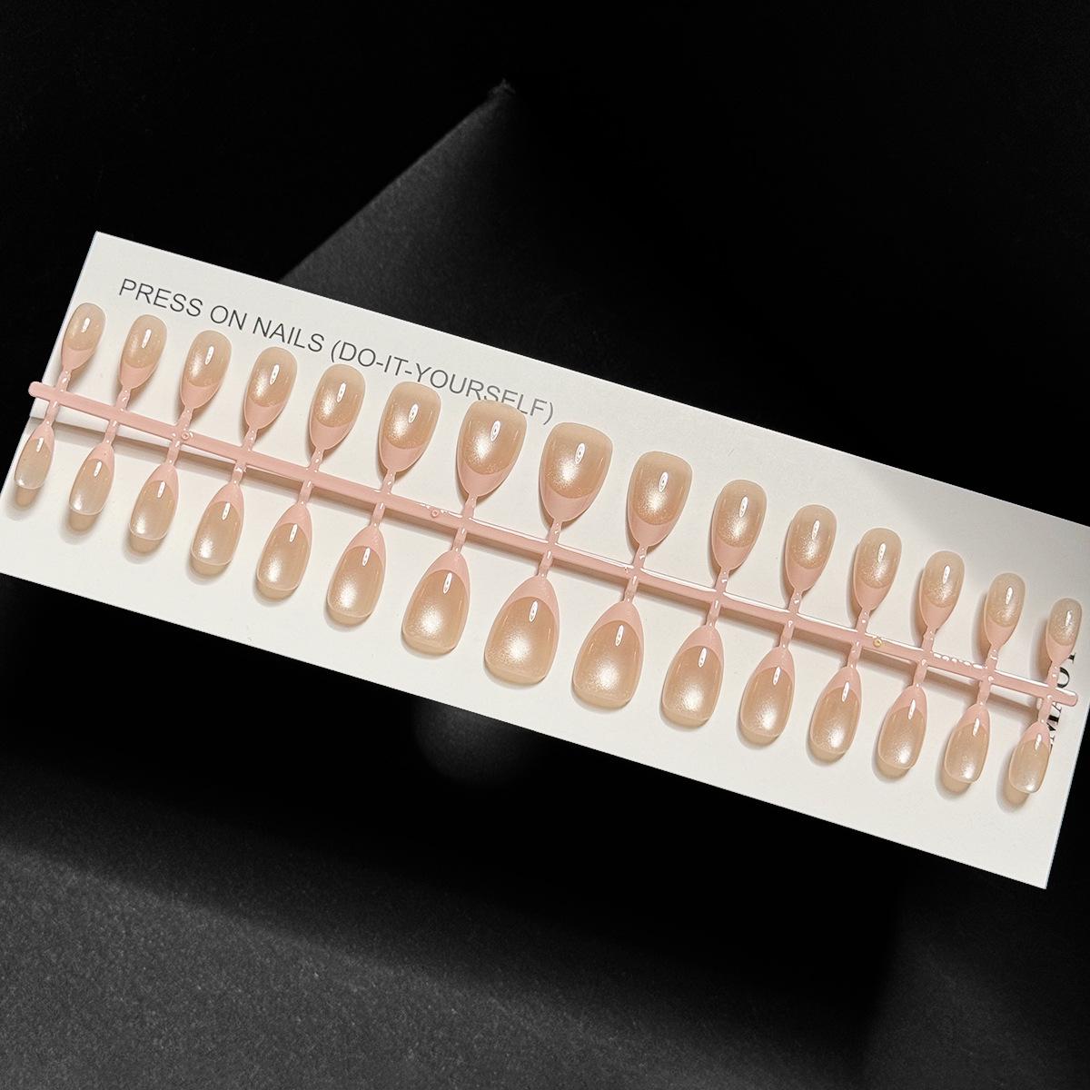 Nude Gradient Cat Eye French Press-On Nails with Gold Glitter, Medium Short Almond, 30-Piece Set