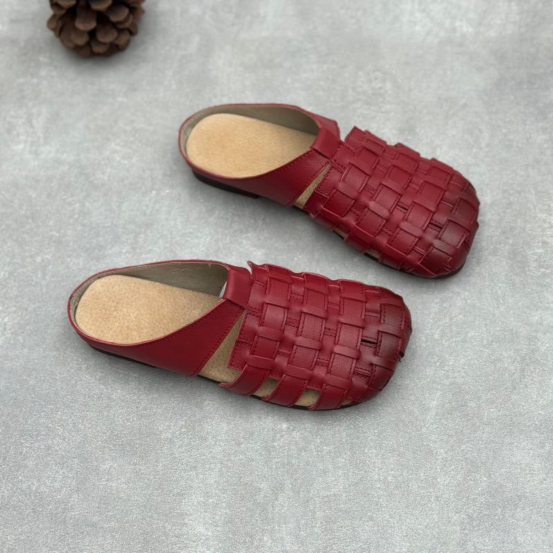 Johnature Genuine Leather Woven Slippers Handmade Comfortable Breathable Soft Soled Women's Slip-on Shoes