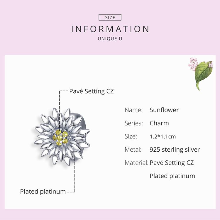 Bamoer 925 Sterling Silver Shine Zircon Bloom Sunflower Charm Beads Fit 3mm Bracelets