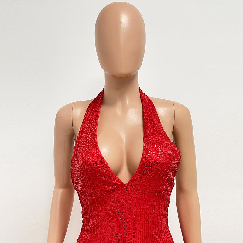 Women's Haute Couture Deep V Halter Halter Gown Dress Long Sequin Fishtail Dress