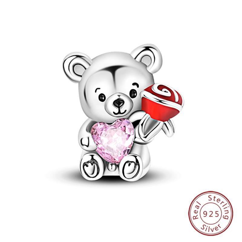 Copper Cute Flower Bear Cute Rose Bear Charms Pendants Fit Original Bracelets Diy Birthday Jewelry Gift