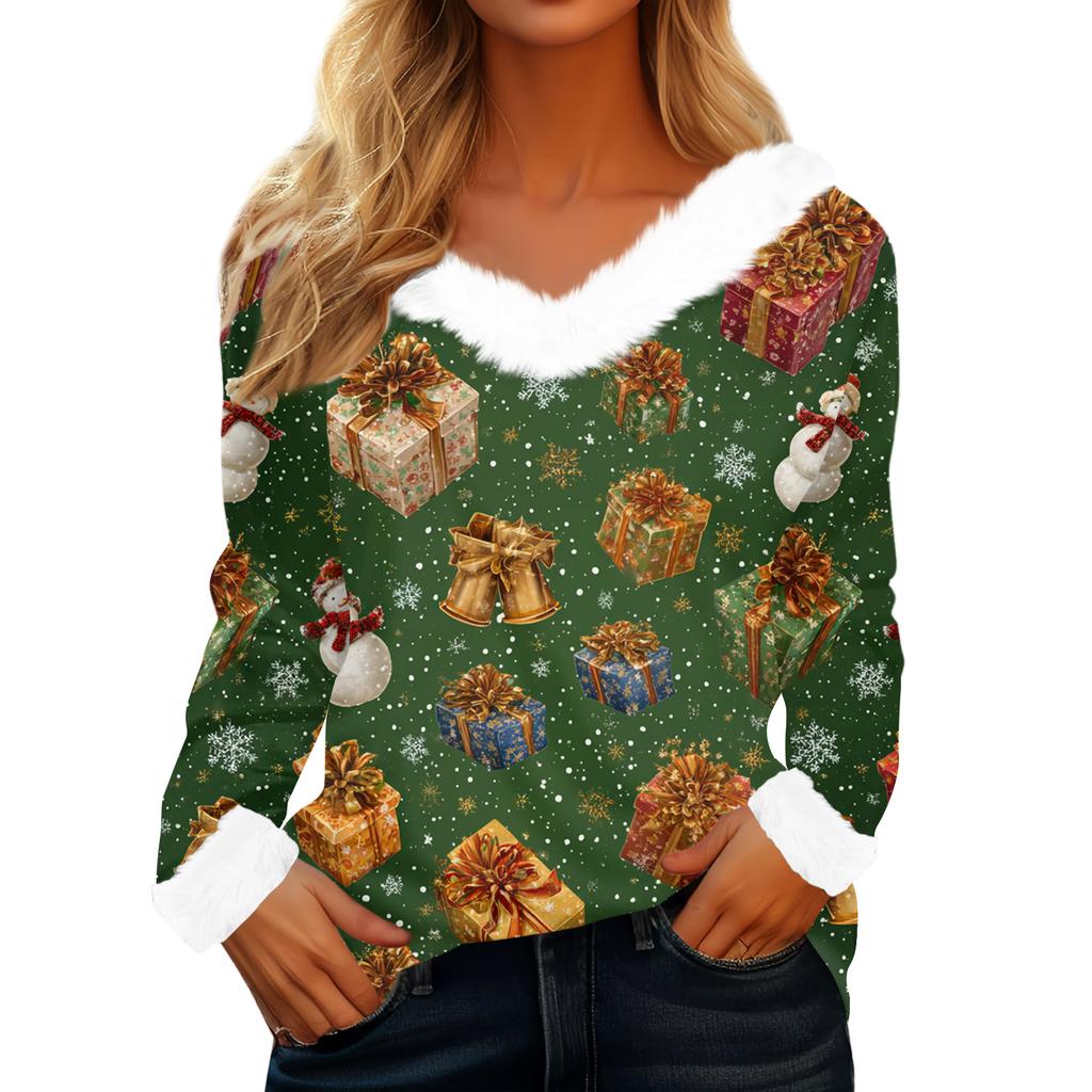 Women's T Shirt Tee Christmas Shirt Long Sleeve Party Christmas Print Fleece Collar V Neck Top