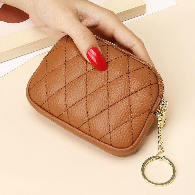 Women's Retro Soft Leather Coin Purse - Mini Diamond Pattern Keychain Wallet with Card Holder & Zipper
