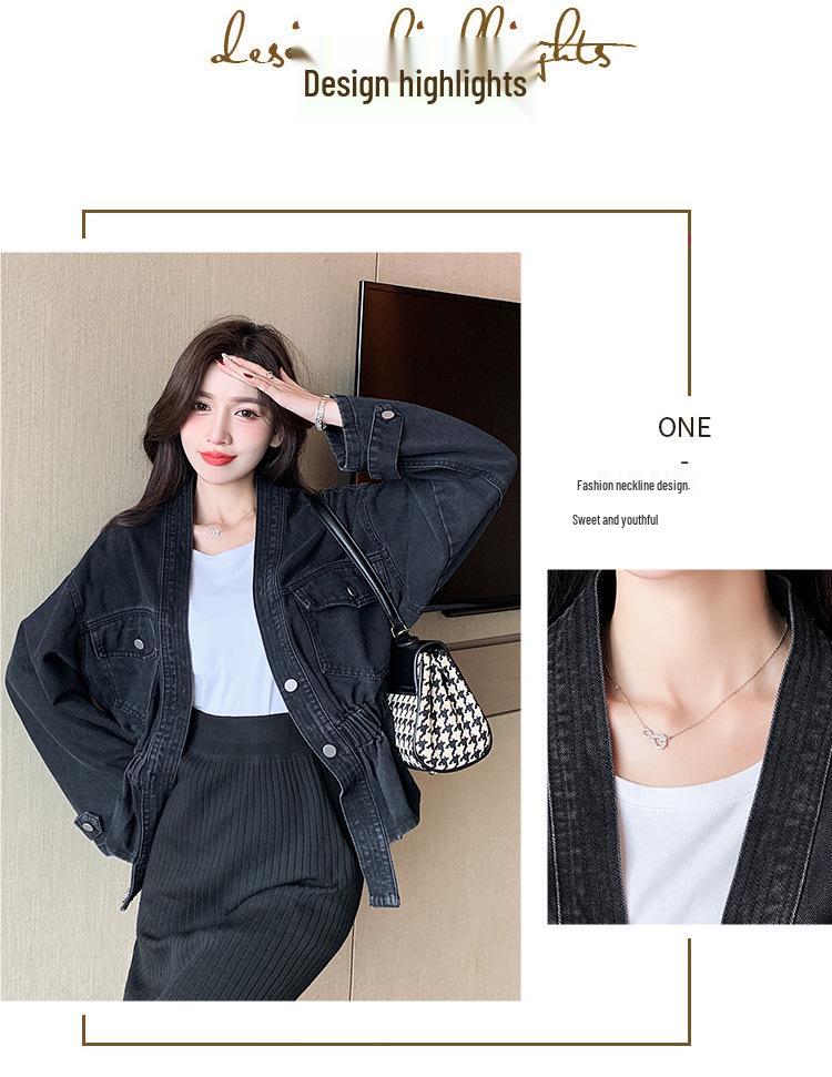 2024 Korean Style Black V-Neck Denim Jacket - Loose Fit, Two-Button, Short Length