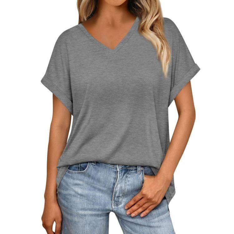 Damen Sommer V-Ausschnitt T-Shirt Locker Kurzarm Einfarbig Mode Top