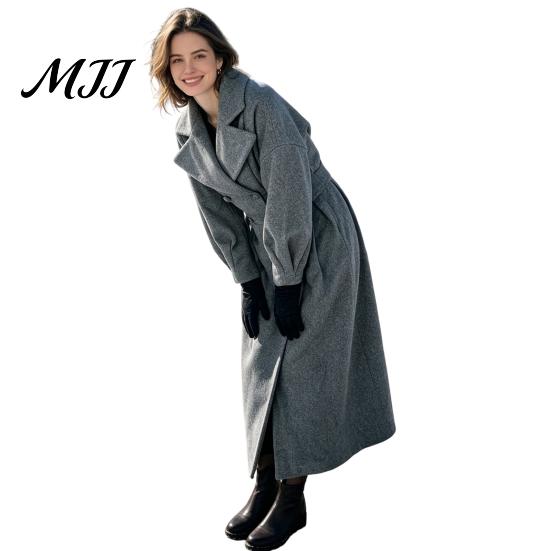 Casual Long Coat Women Wool for Fall Winter, Lantern Sleeve Winter Notch Lapel Overcoat, Double Breasted Trench with Pockets