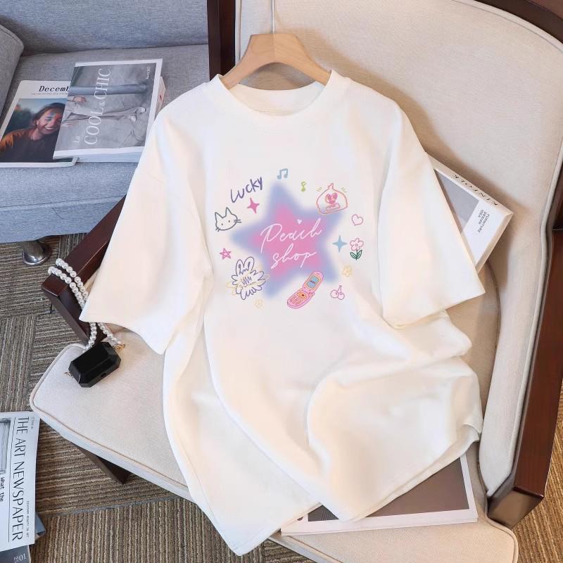 Women's White Printed Short-Sleeve T-Shirt, Summer 2025, New Loose Plus Size Half-Sleeve Design