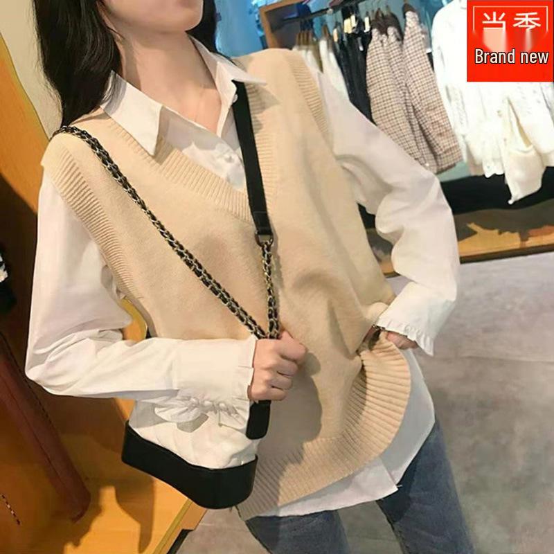 Women's V-Neck Knitted Sweater Vest - Spring/Autumn 2026 Collection, Loose-fit, Versatile Japanese Style Outerwear