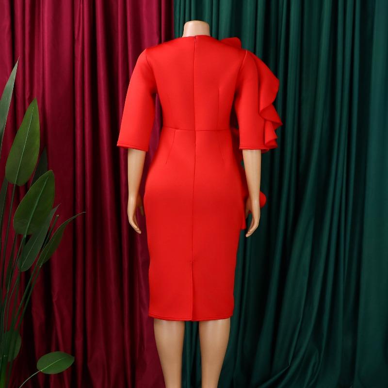 Women Elegant Solid High Waist Ruffle Square Neck Bodycon Midi Dress