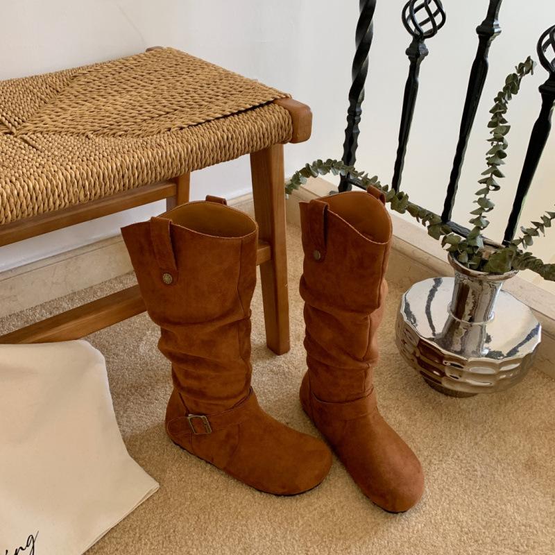 Retro boots women's autumn 2025 new models but knee-thin boots inner height increase folds pile boots