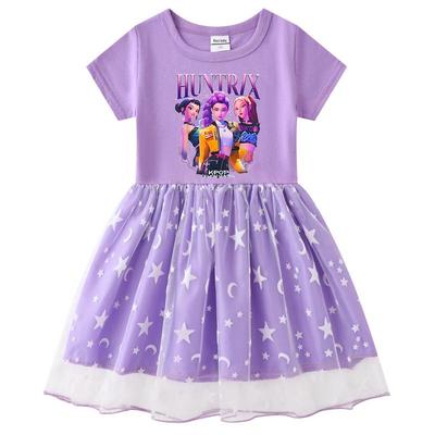 Vestito Kpop a maniche lunghe per bambina, ispirato a Demon Slayer, Principessa Arcobaleno, con paillettes e rete