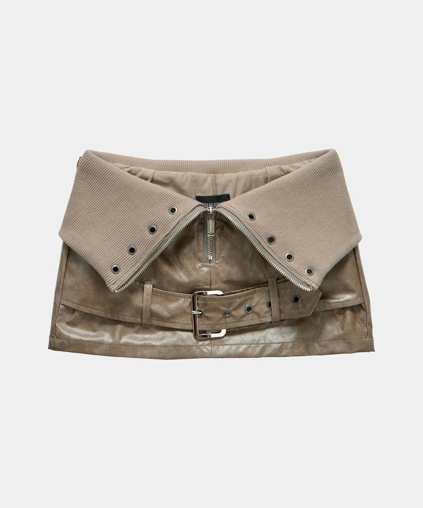Etosome Front Zipper Belt Leather Skirt Pants (Moca)