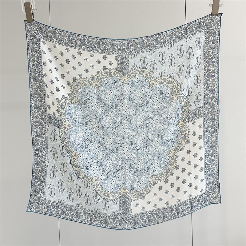111 mulberry silk georgette square scarf handmade curled light blue cashew print silk scarf women's spring and summer thin breathable collar