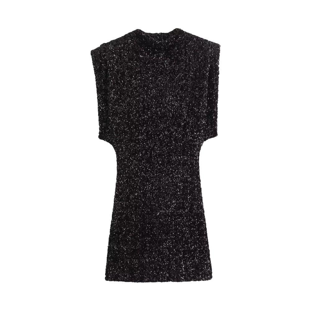 Round Neck Holiday Party Dress Fly Sleeve Silm Evening Dress Shining Sequin Mini Dress  Daily