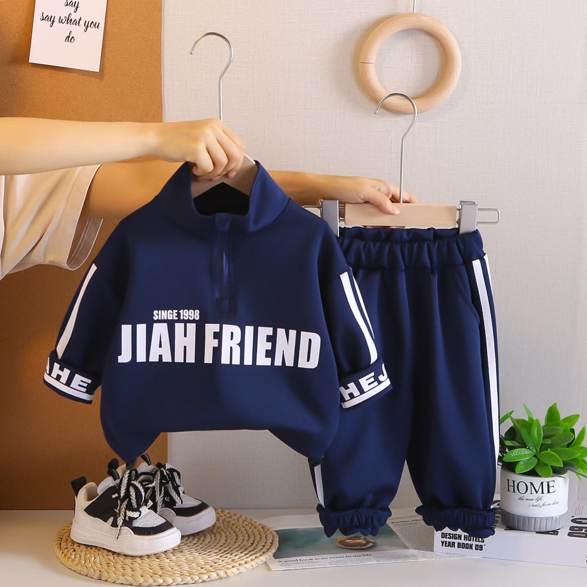 

Комплект из 2 предметов с длинным рукавом для мальчиков, худи с английским стоячим воротником для детей 0-5 лет, красивая одежда для мальчиков XXL темно-синий