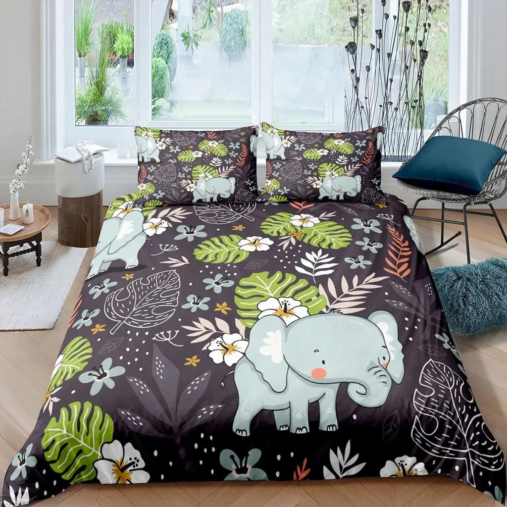 Kids Elephant Bedding Set King/Queen Size Cartoon Cute Animal Duvet Cover for Girls Boys Lovely Wildlife Polyester Quilt Cover