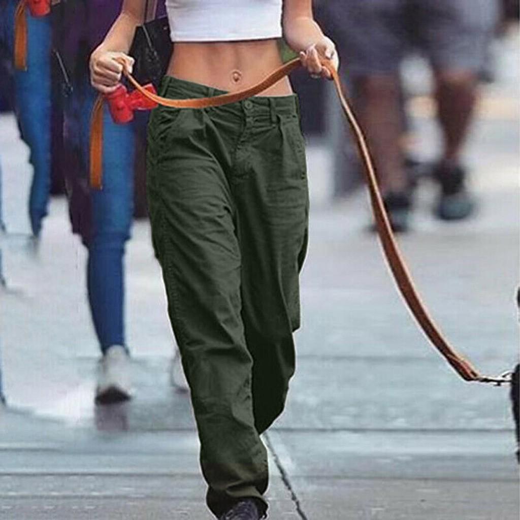 Women Casual Solid Cargo Pant Pocket Elastic Waist Loose Pant