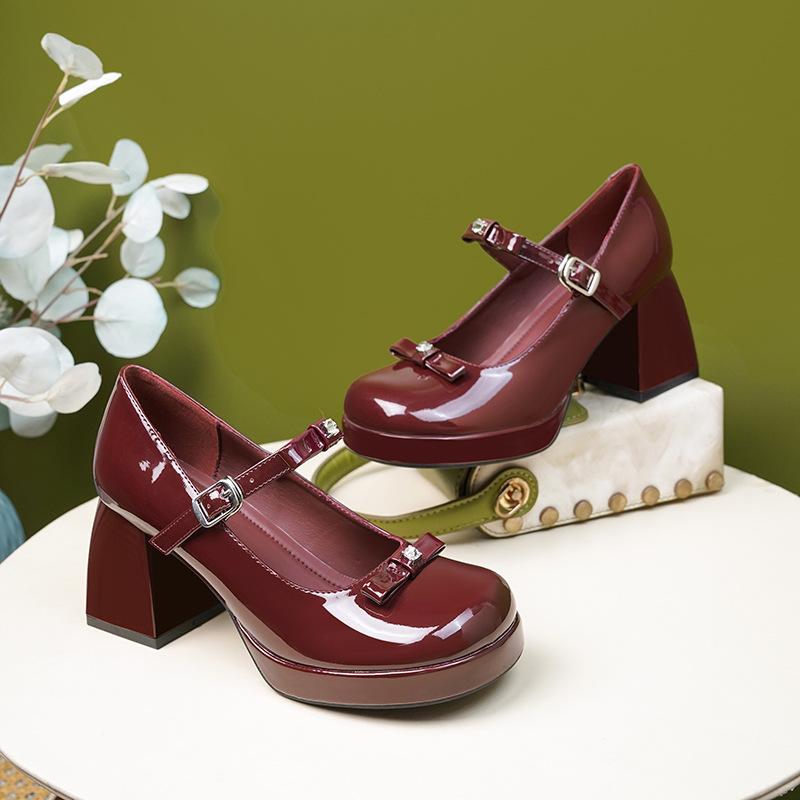 

Мэри Джейн туфли на высоком толстом каблуке туфли для помолвки водонепроницаемые бантик на союзке ремешок с надписью одинарные туфли 40 бордовый