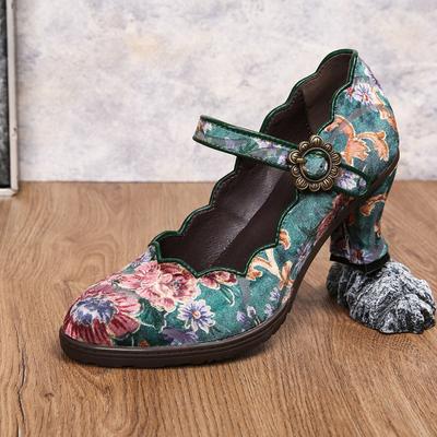 Retro Printing Pumps Women Fashion High Heels Shoes Vintage Flower Round Toe Ladies Shoes